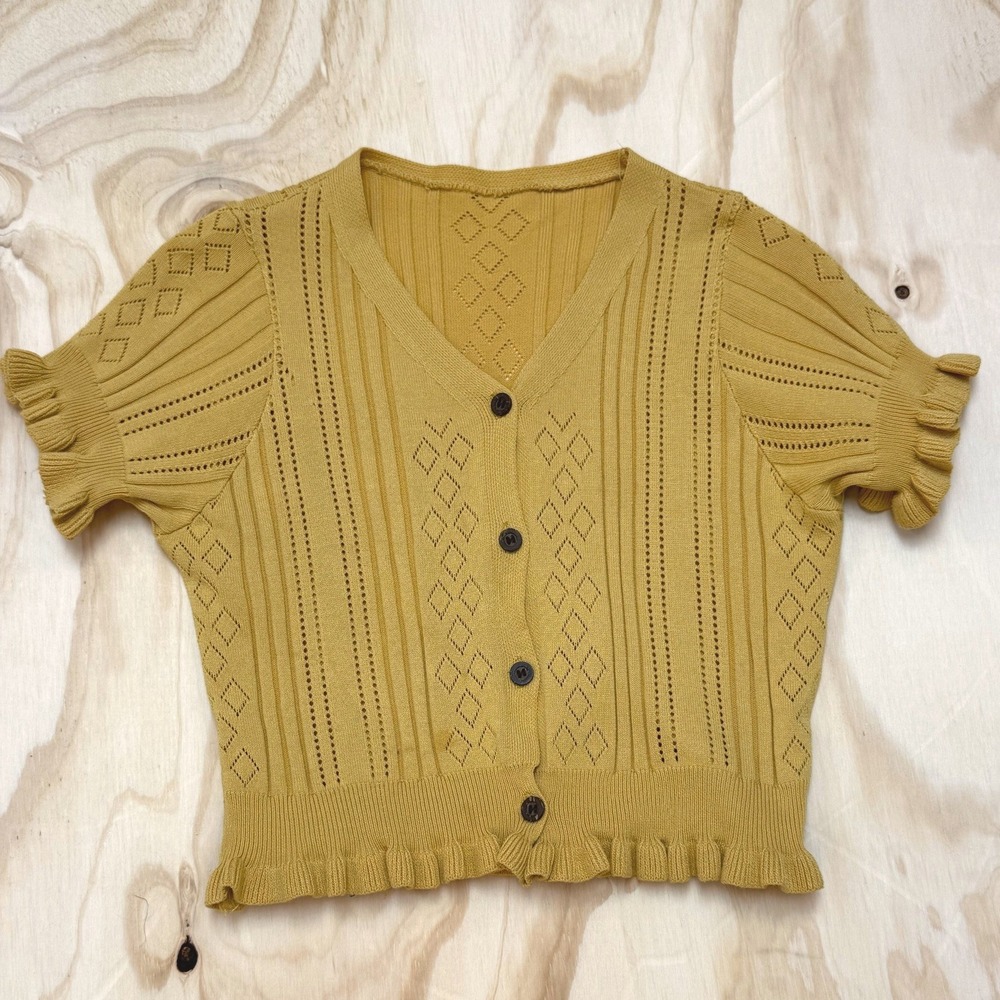 Urbanic Mustard Yellow Pointelle Knit Ruffle Trim Short Sleeve Cardigan F